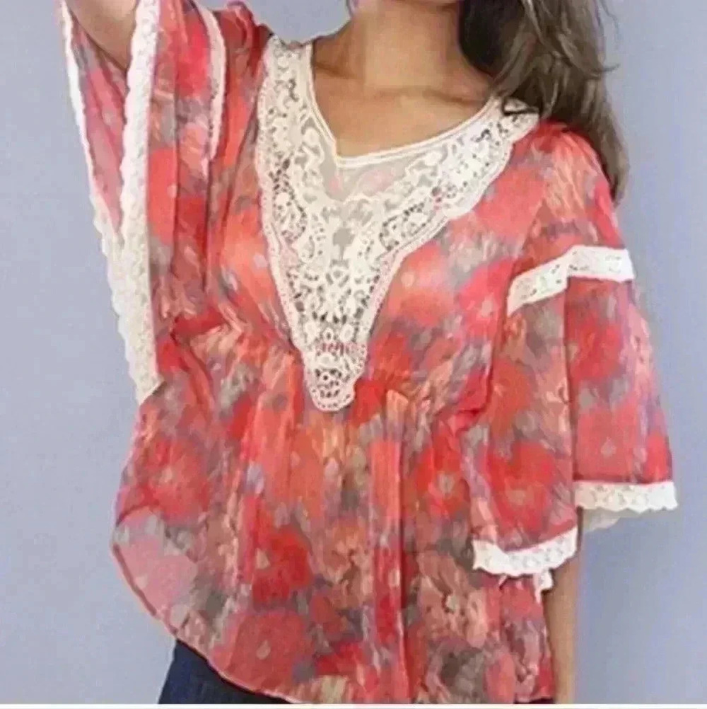 Free People Daydreamer Batwing Crotchet Lace Trim Multicolored Sheer Top S